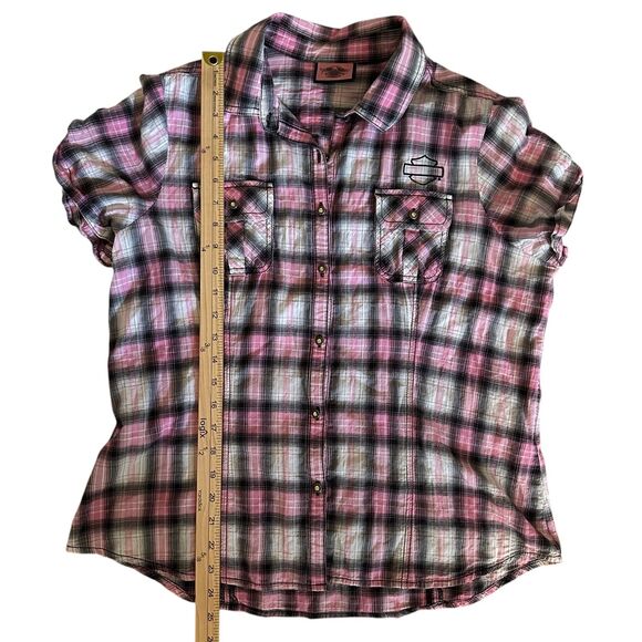 Harley-Davidson Pink Lavel Black and Pink Plaid Short Sleeve Button Up Blouse M - Picture 7 of 8